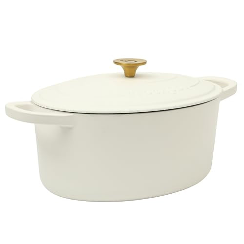 Crock Pot Artisan 7-Quart Oval Dutch Oven With Lid, Enameled Cast Iron, Linen White With Gold Knob, Heavy-Duty Cookware for Baking, Braising, Roasting & Slow Cooking