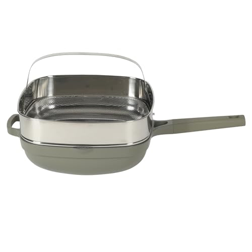 Crock-Pot Northvale 5.3 Quart Ceramic Nonstick Sauté Pan with Steamer Basket & Lid, Cast Aluminum Pan with Induction Base and Soft-Touch Handle, Sage Green