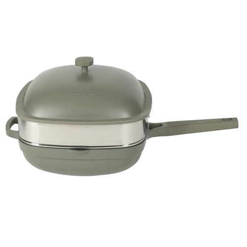 Crock-Pot Northvale 5.3 Quart Ceramic Nonstick Sauté Pan with Steamer Basket & Lid, Cast Aluminum Pan with Induction Base and Soft-Touch Handle, Sage Green