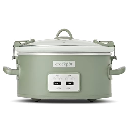 Crock-Pot Locking Lid 6qt Cook and Carry Programmable Slow Cooker, Green | Touch Control, 4 Pre Programmed Settings, Removable Stoneware, and Locking Lid