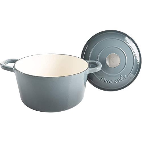 Crock-Pot Artisan 7-Quart Round Enameled Cast Iron Dutch Oven – Slate Gray, Heavy-Duty Cookware for Slow Cooking, Baking, Roasting with Lid