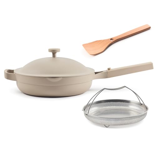 Crock-Pot Northvale 5.3 Quart Ceramic Nonstick Sauté Pan with Steamer Basket & Lid, Cast Aluminum Pan with Induction Base and Soft-Touch Handle, Sage Green