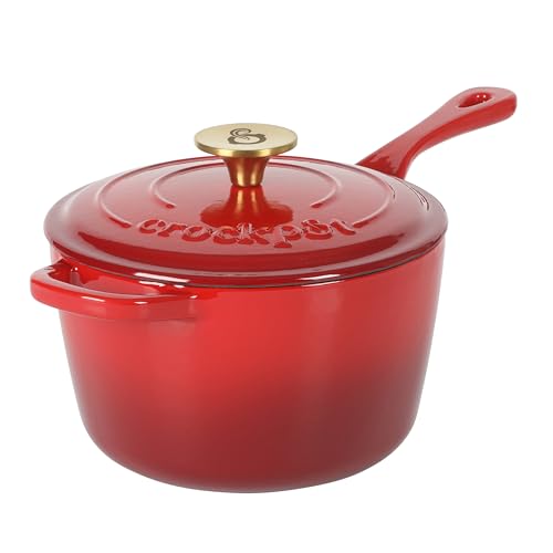 Crock-Pot 3-Quart European Enameled Cast Iron Saucepan with Lid – Gradient Red, Durable Oven Safe Cookware