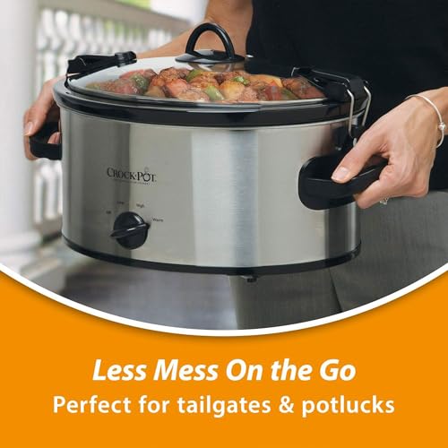 Crock-Pot Cook N Carry Oval Manual Portable Slow Cooker, Silver, 6-Quart | Travel-Proof Locking Lid, Serves 7+, High/Low/Warm Settings, Removable Dishwasher-Safe Stoneware, for Potlucks & Tailgating