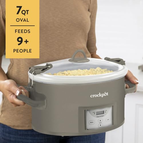 Crockpot® Programmable 7-Quart Cook and Carry Slow Cooker, Grey | Touch Control, 4 Pre Programmed Settings, Removable Stoneware, and Locking Lid
