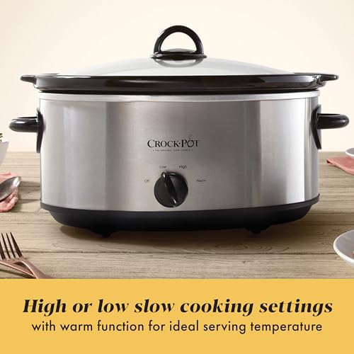 Crock-Pot 7-Quart Manual Slow Cooker, Family Size Serves 8+ People & Fits 6-lb Roast, Removable Stoneware with Warming Setting, Dishwasher Safe for Easy Cleanup, Stainless Steel