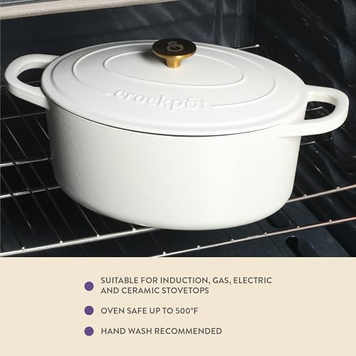 Crock Pot Artisan 7-Quart Oval Dutch Oven With Lid, Enameled Cast Iron, Linen White With Gold Knob, Heavy-Duty Cookware for Baking, Braising, Roasting & Slow Cooking