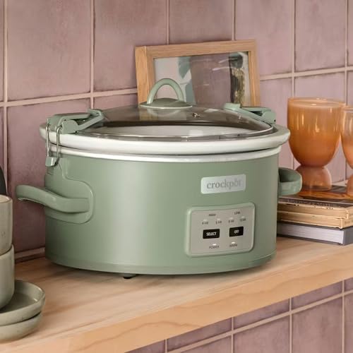 Crock-Pot Locking Lid 6qt Cook and Carry Programmable Slow Cooker, Green | Touch Control, 4 Pre Programmed Settings, Removable Stoneware, and Locking Lid