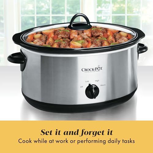 Crock-Pot 7-Quart Manual Slow Cooker, Family Size Serves 8+ People & Fits 6-lb Roast, Removable Stoneware with Warming Setting, Dishwasher Safe for Easy Cleanup, Stainless Steel