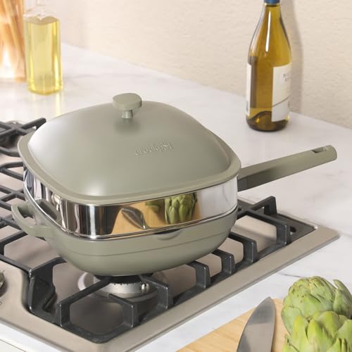 Crock-Pot Northvale 5.3 Quart Ceramic Nonstick Sauté Pan with Steamer Basket & Lid, Cast Aluminum Pan with Induction Base and Soft-Touch Handle, Sage Green