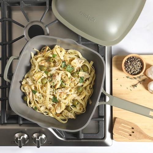 Crock-Pot Northvale 5.3 Quart Ceramic Nonstick Sauté Pan with Steamer Basket & Lid, Cast Aluminum Pan with Induction Base and Soft-Touch Handle, Sage Green