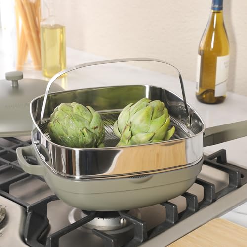 Crock-Pot Northvale 5.3 Quart Ceramic Nonstick Sauté Pan with Steamer Basket & Lid, Cast Aluminum Pan with Induction Base and Soft-Touch Handle, Sage Green