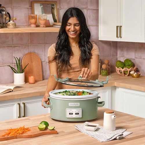 Crock-Pot Locking Lid 6qt Cook and Carry Programmable Slow Cooker, Green | Touch Control, 4 Pre Programmed Settings, Removable Stoneware, and Locking Lid