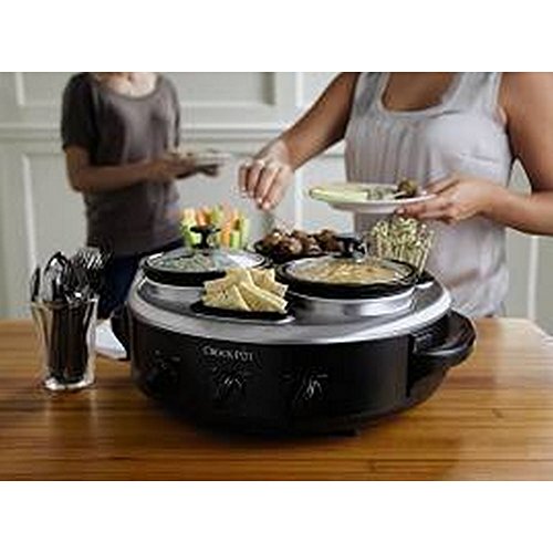 Crock-Pot Triple Dipper with Lazy Susan Food Warmer, Black, Stainless Steel, Glass lids, Travel Cover, 3 1-quart capacity warmers, Individual Controls, 3 appetizer containers