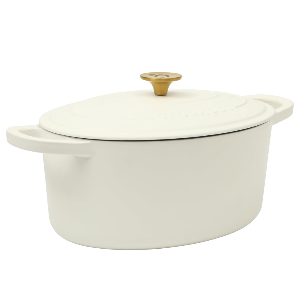 Crock Pot Artisan 7-Quart Oval Dutch Oven With Lid, Enameled Cast Iron, Linen White With Gold Knob, Heavy-Duty Cookware for Baking, Braising, Roasting & Slow Cooking