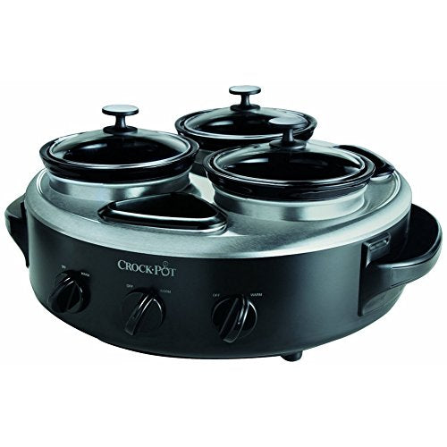 Crock-Pot Triple Dipper with Lazy Susan Food Warmer, Black, Stainless Steel, Glass lids, Travel Cover, 3 1-quart capacity warmers, Individual Controls, 3 appetizer containers