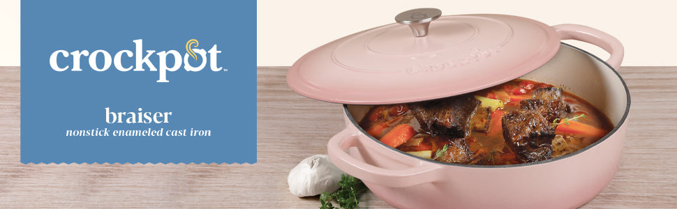 Crock-Pot Artisan 7-Quart Round Enameled Cast Iron Dutch Oven – Slate Gray, Heavy-Duty Cookware for Slow Cooking, Baking, Roasting with Lid